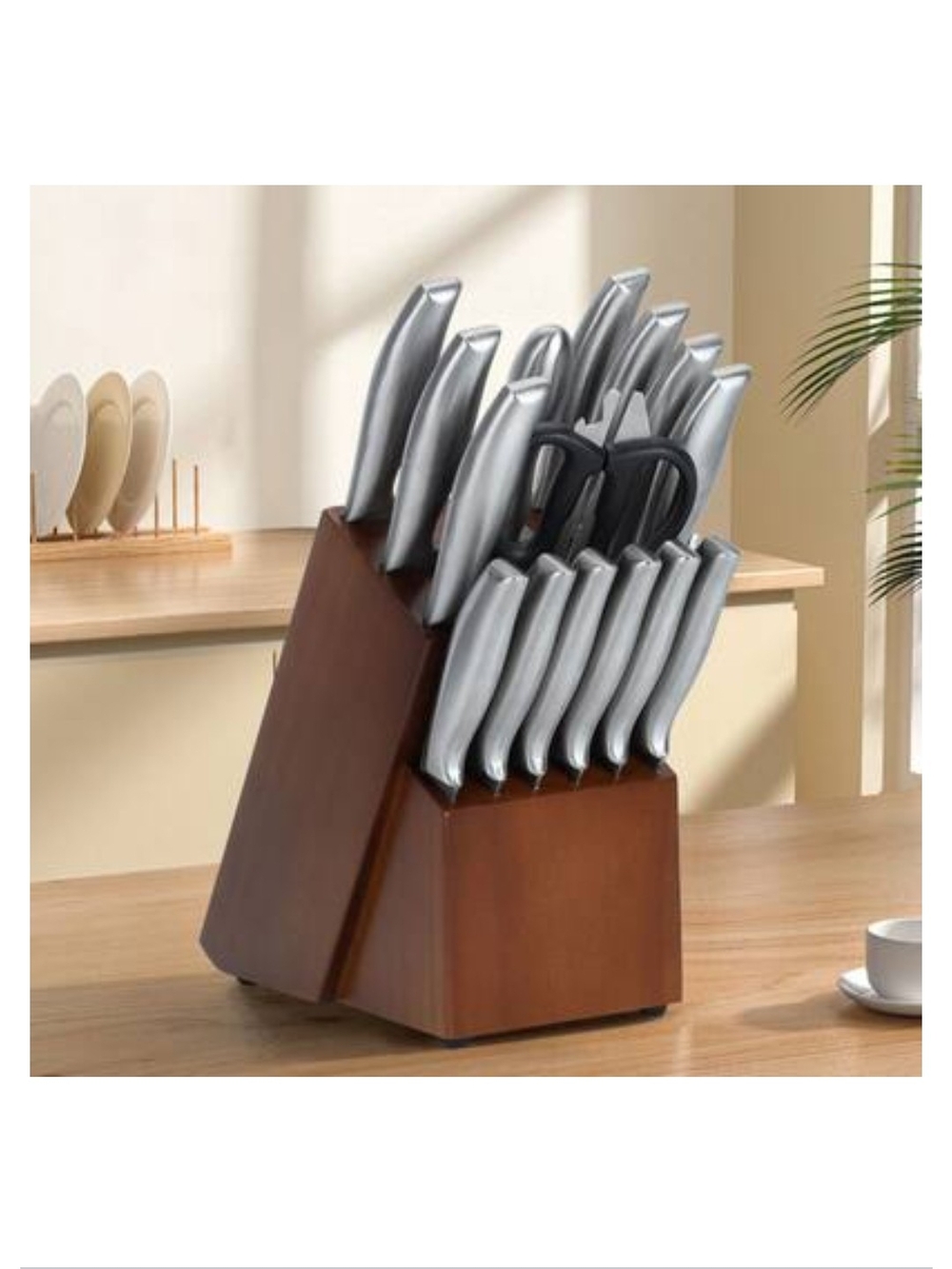 Silver Handle 15-Piece Knife Block Set with Wood Block